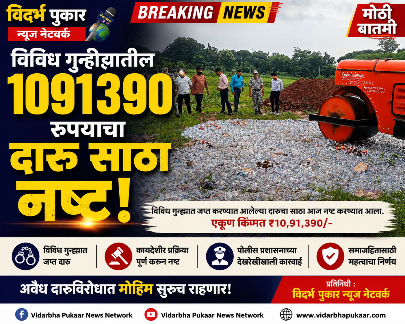 विविध गुन्हियातिल 1091390 रुपयाचा दारु साठा नष्ट!